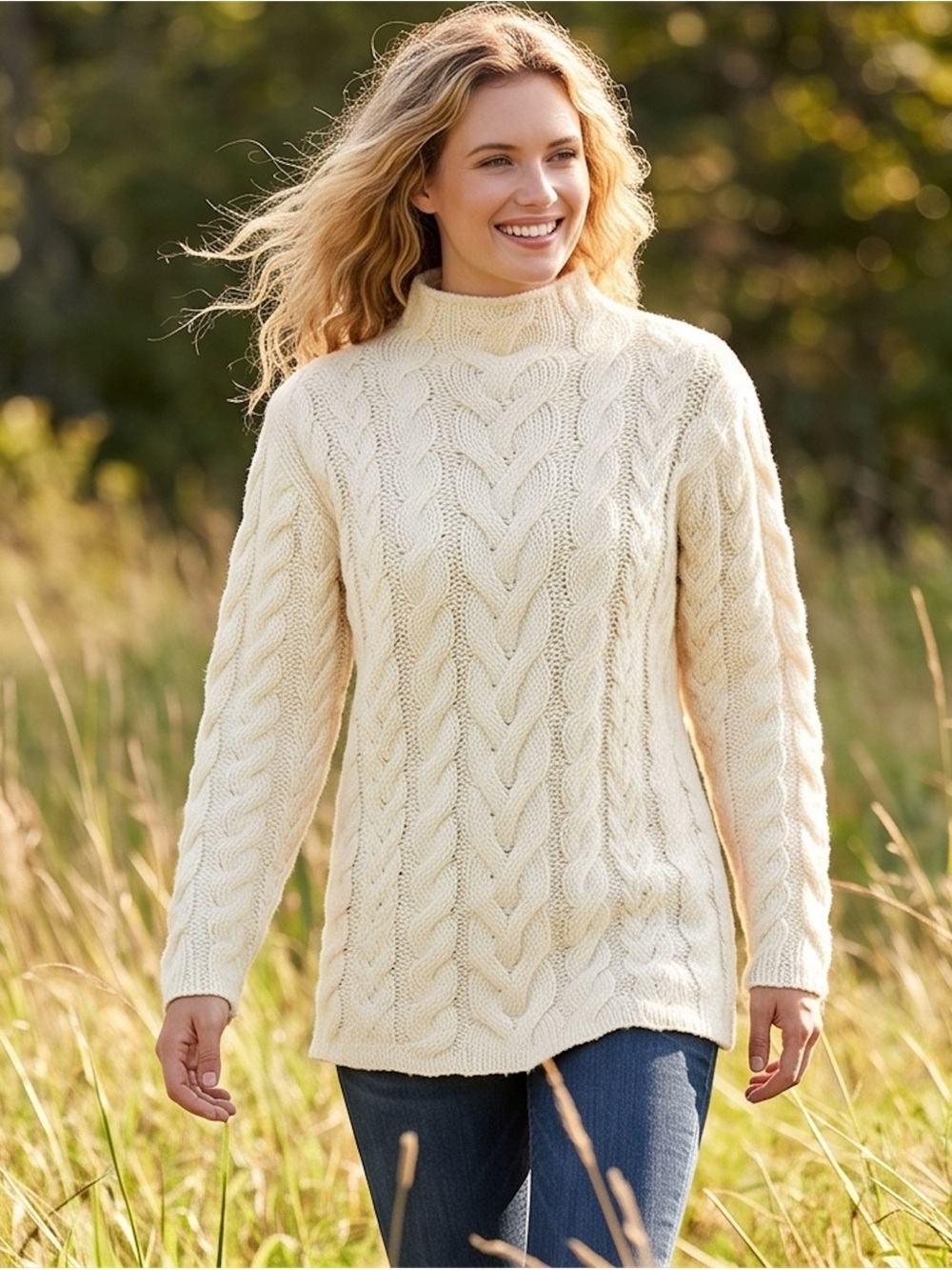 Women's Funnel Neck Oversized Sweater Cable Knit Ivory Beige S MSRP $189